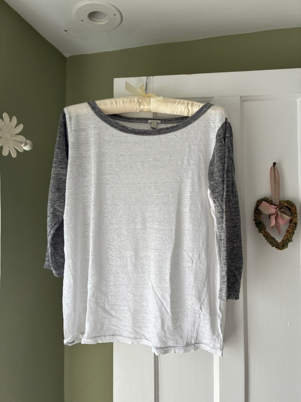 J. Crew White linen Tee with Charcoal Sleeves
